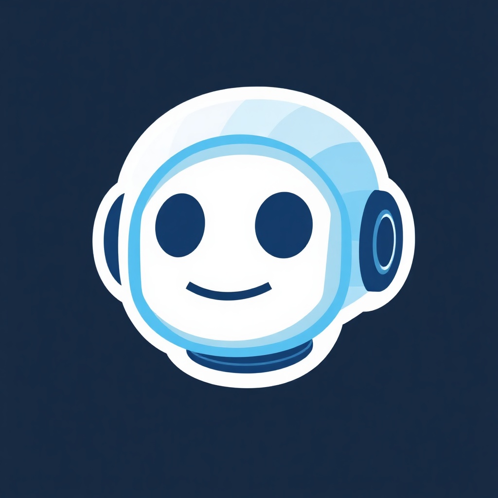 Abstract 3D icon of a friendly robot head, electric blue and white, dark background, minimal