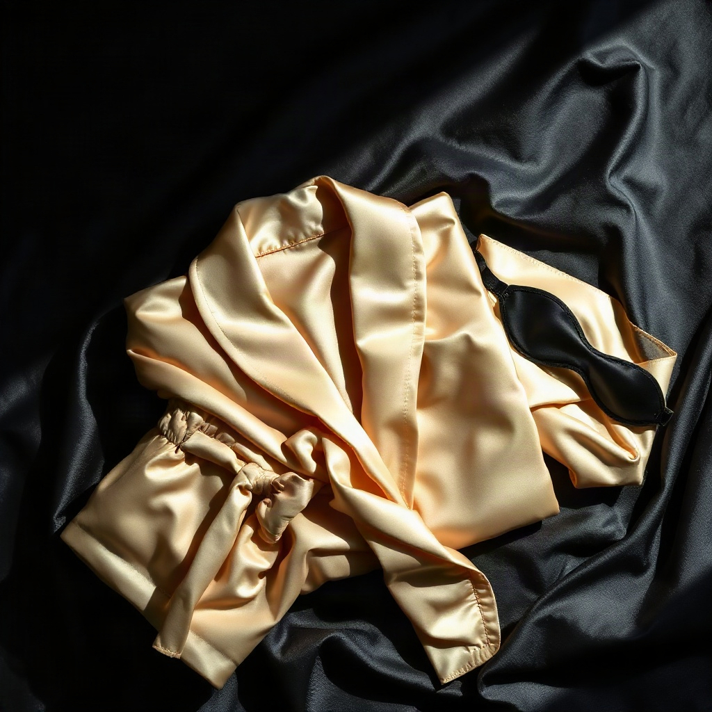 premium editorial still life product photography, satin robe folded neatly on black satin surface be