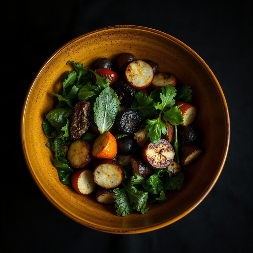 moody editorial photo of a vibrant plant-based bowl with roasted vegetables and greens, dark warm to