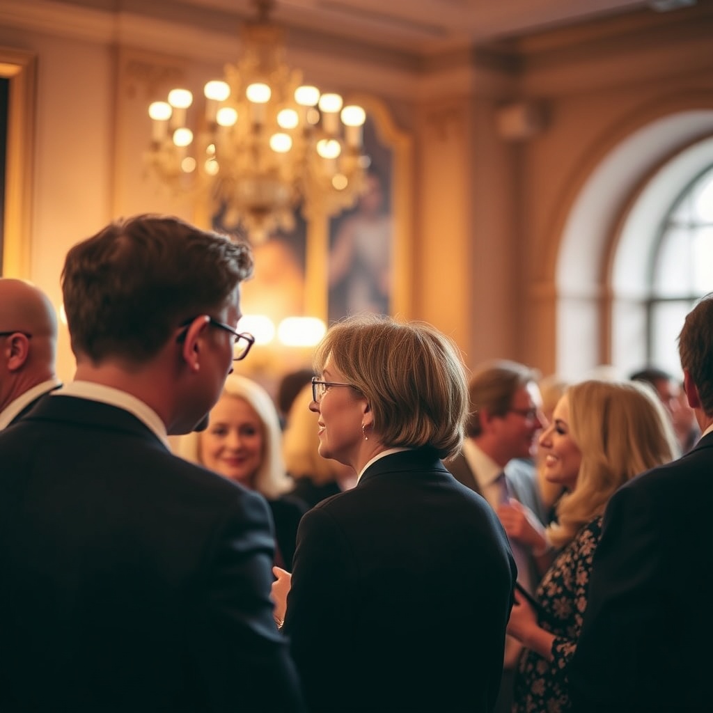 candid shot of people in conversation at a prestigious literary gala, soft bokeh, warm interior ligh
