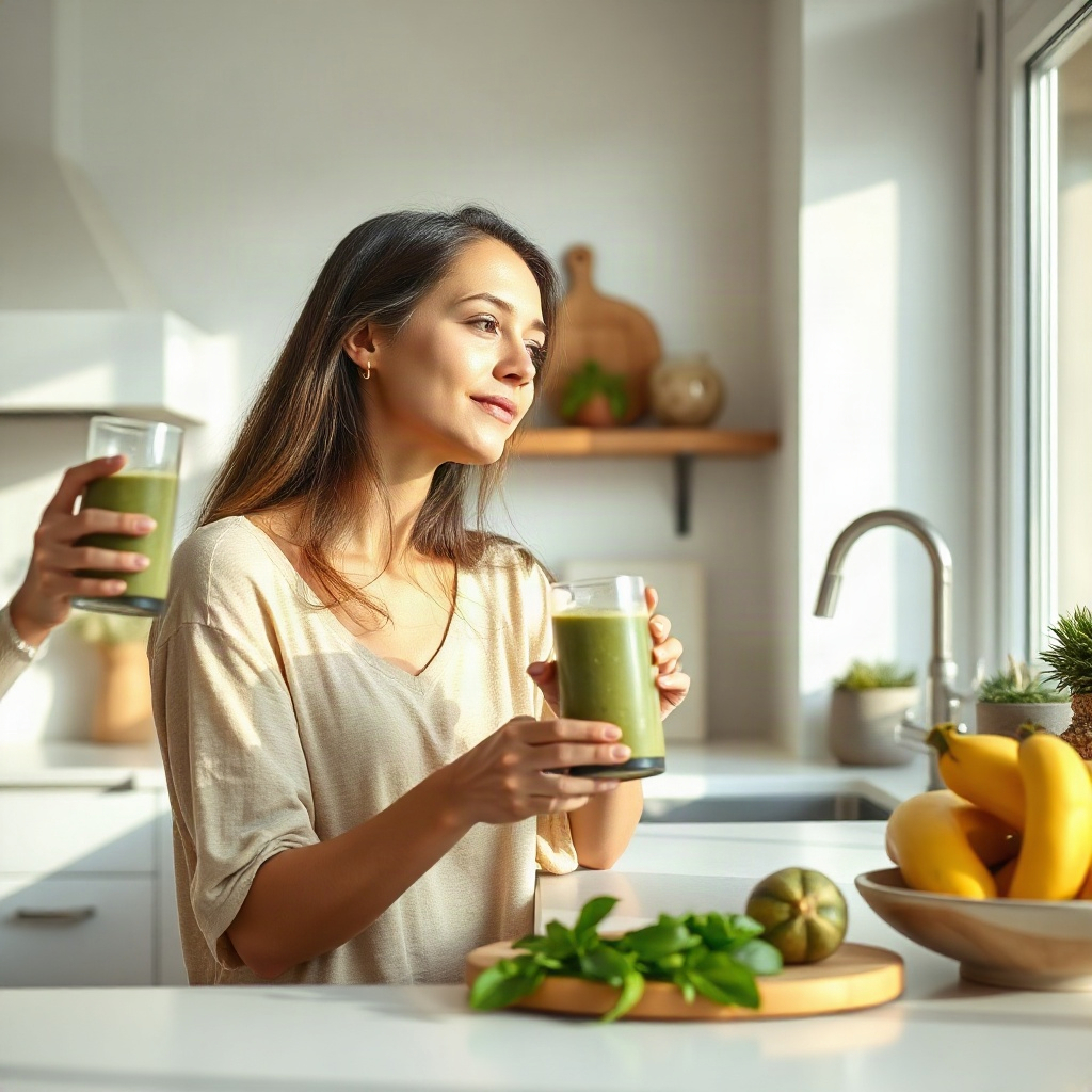 woman drinking a smoothie in a bright modern kitchen, peaceful morning wellness routine, soft daylig