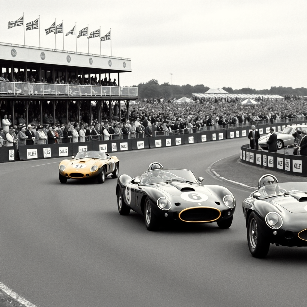 Goodwood Revival motor racing vintage 1960s cars historic circuit, period costumes spectators grands