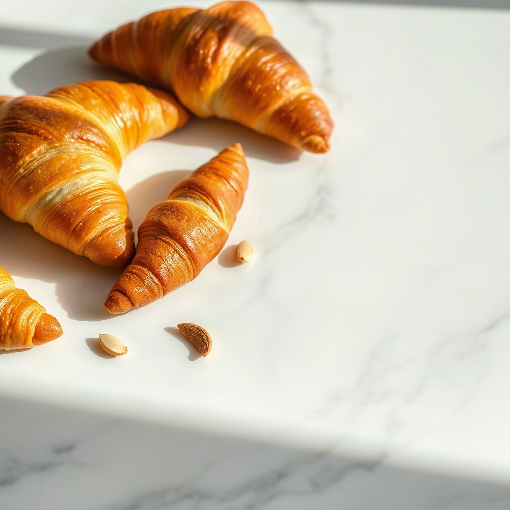 Golden flaky croissants and almond pastries on a white marble surface