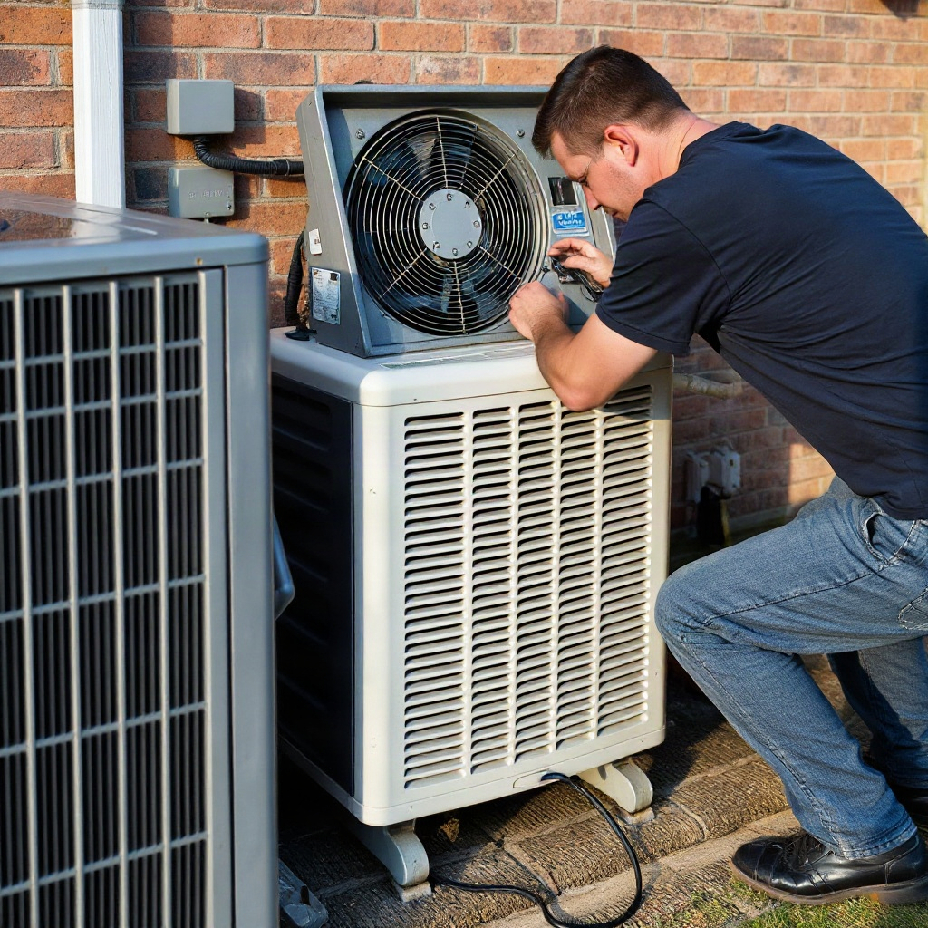 AC technician servicing air conditioning unit