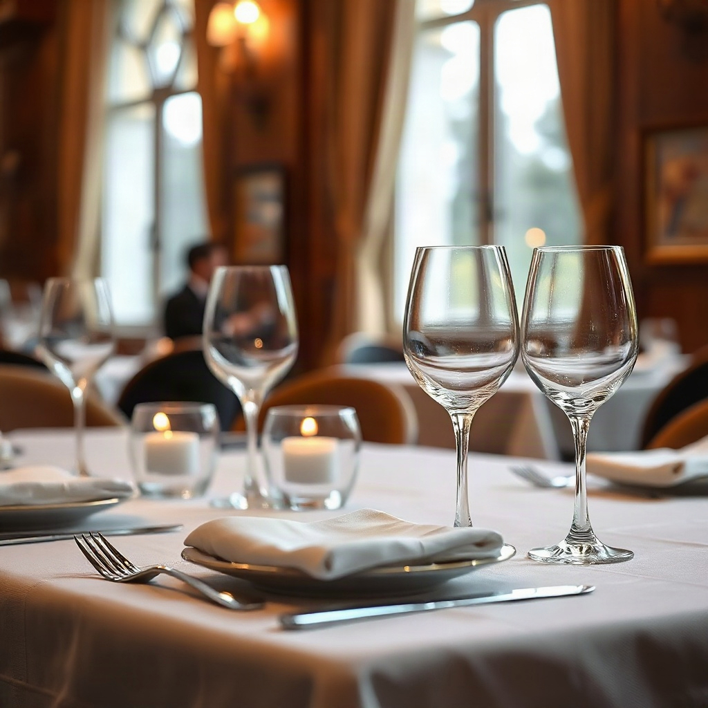 detail of a perfectly set restaurant table, crystal glasses, white linen, elegant atmosphere