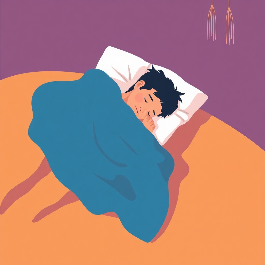 illustration of a person sleeping under a blue wavy blanket, cozy minimal style