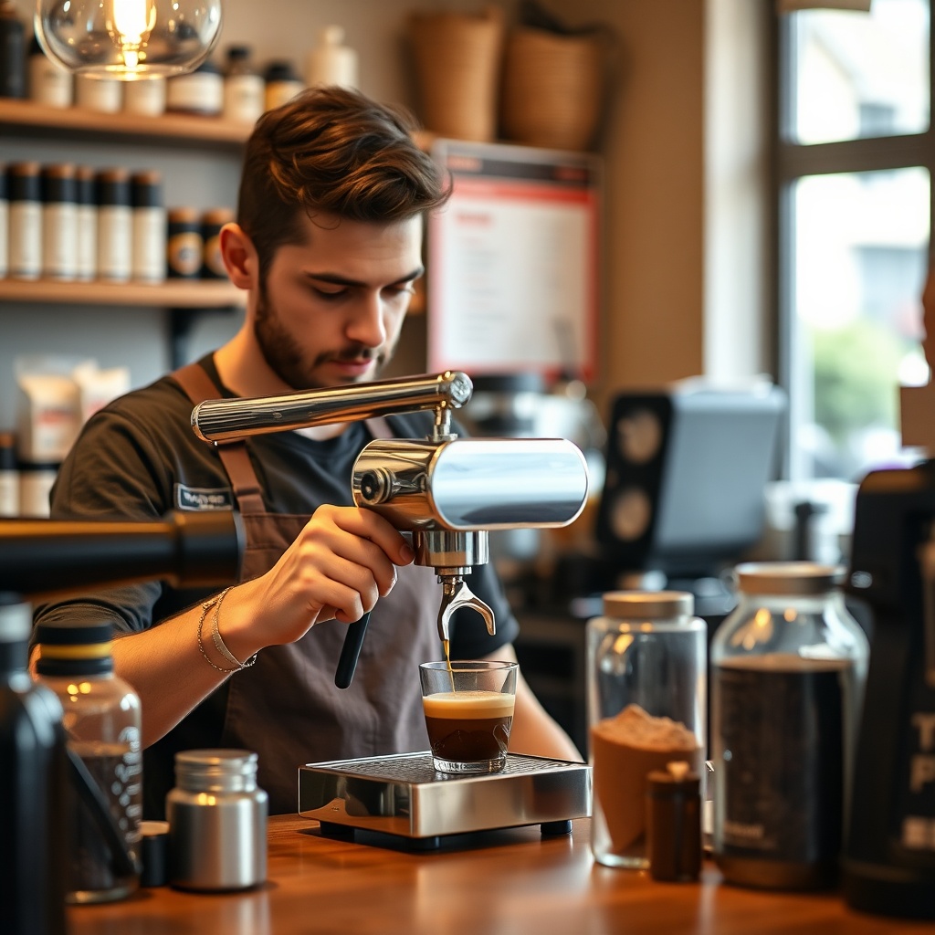 barista making espresso coffee drink behind a counter of an independent coffee shop, artisan coffee