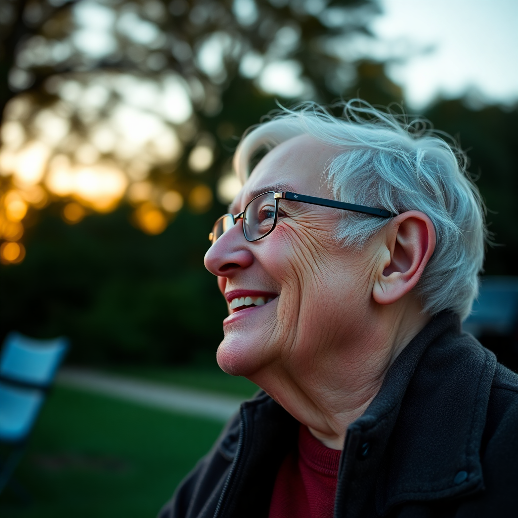 happy older adult listening to music outdoors with a discreet hearing aid, golden hour, candid lifes
