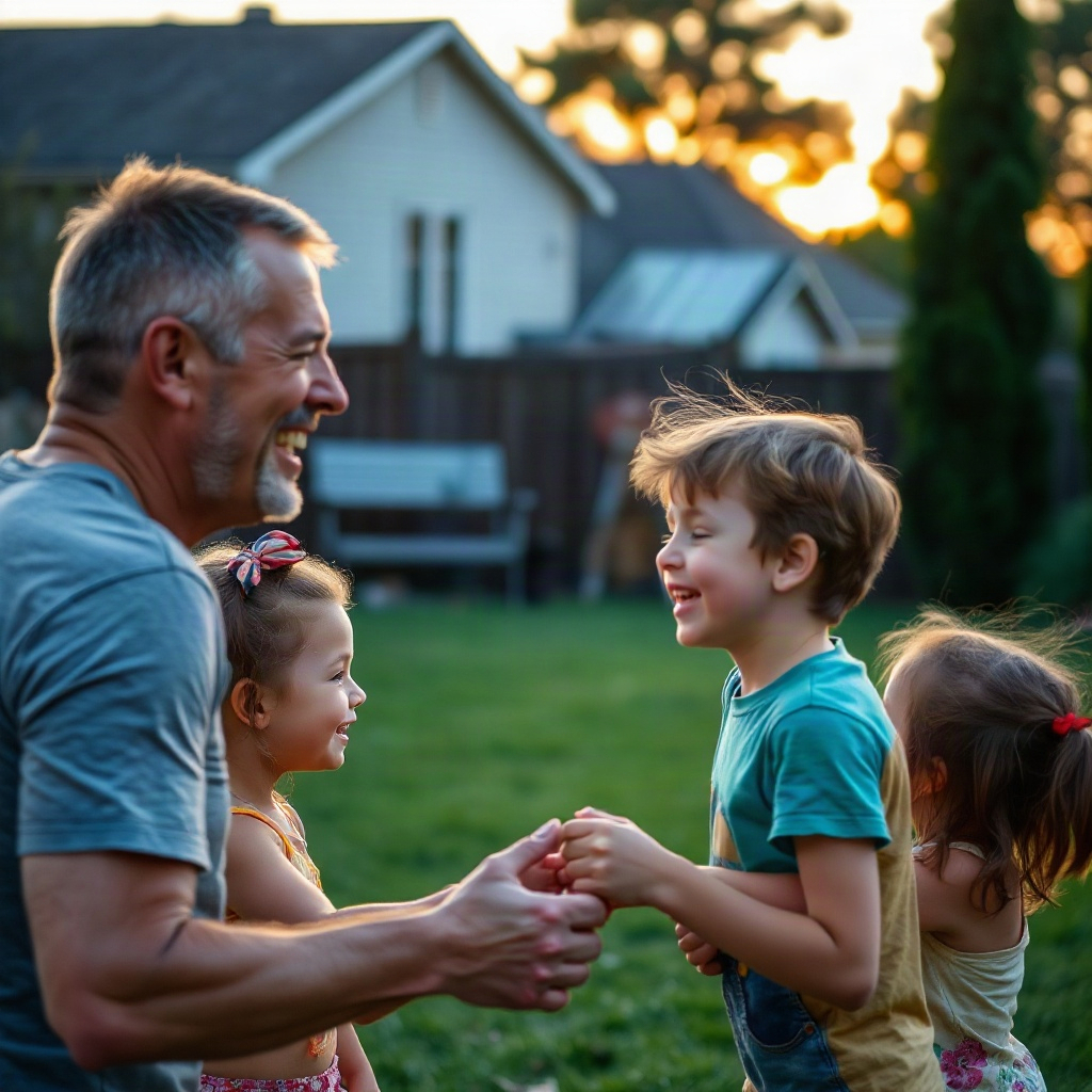 man in late 30s playing with kids in backyard, sunset lighting, happy healthy expression, family lif