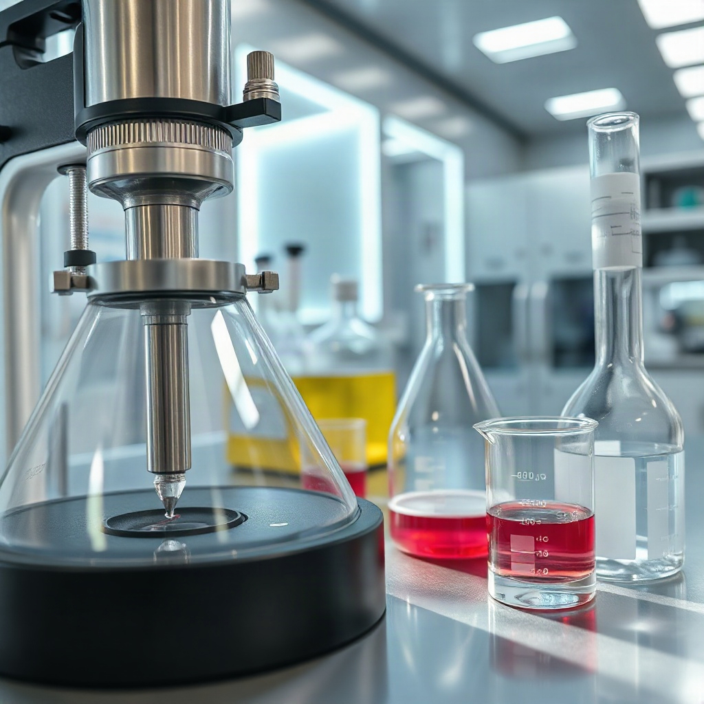 close up of premium scientific laboratory equipment, glass beakers, silver steel surfaces, futuristi