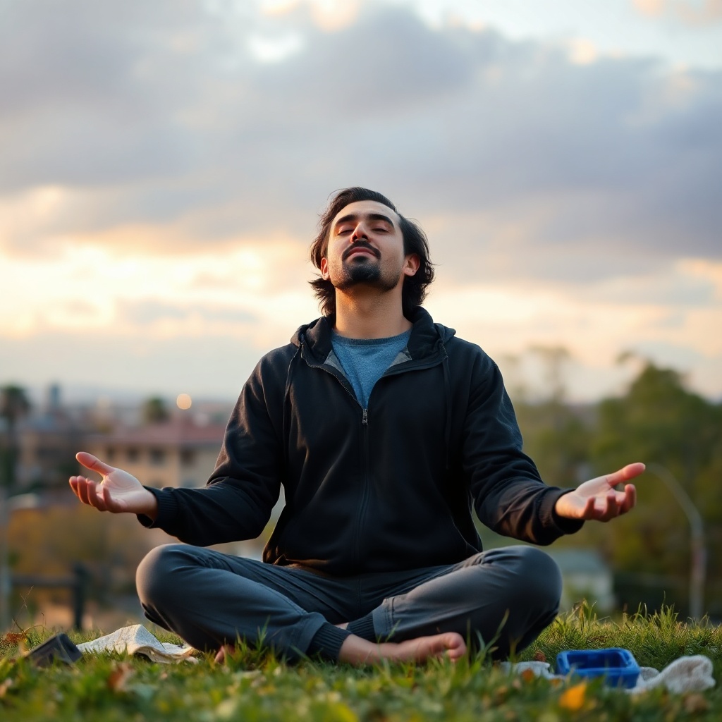 peaceful man meditating outdoors, mental clarity, calm focus