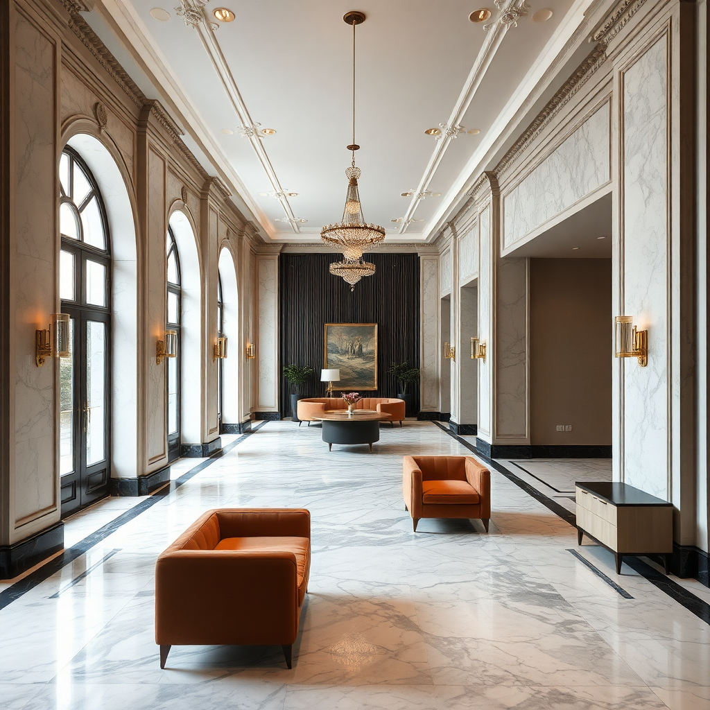 elegant boutique hotel lobby interior renovation marble floors brass fixtures sophisticated Poland a