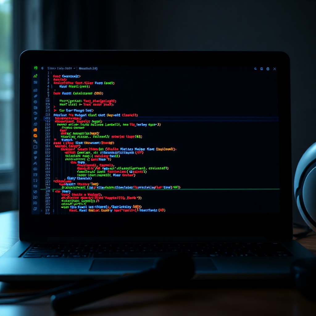 Laptop screen showing colorful block coding interface, dark moody photo