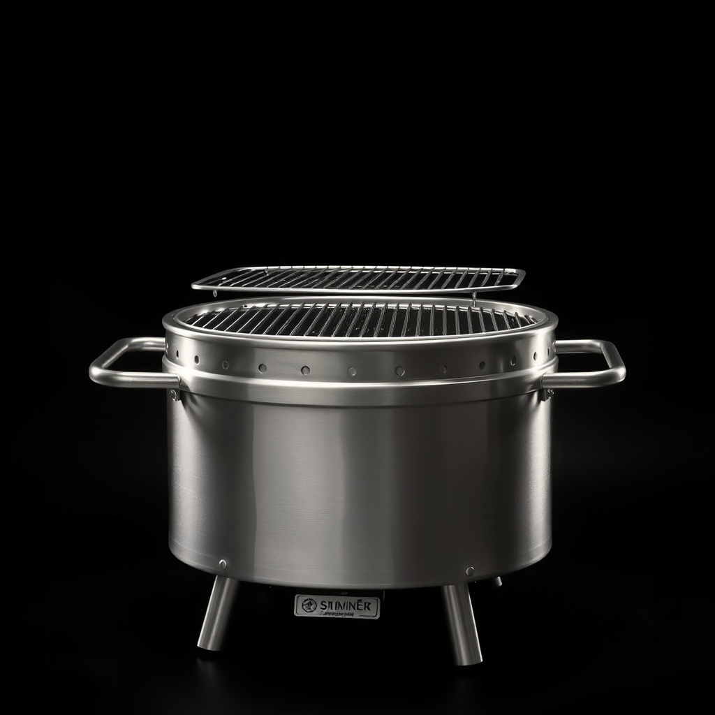 professional stainless steel BBQ charcoal grill, industrial product photography, black background, d