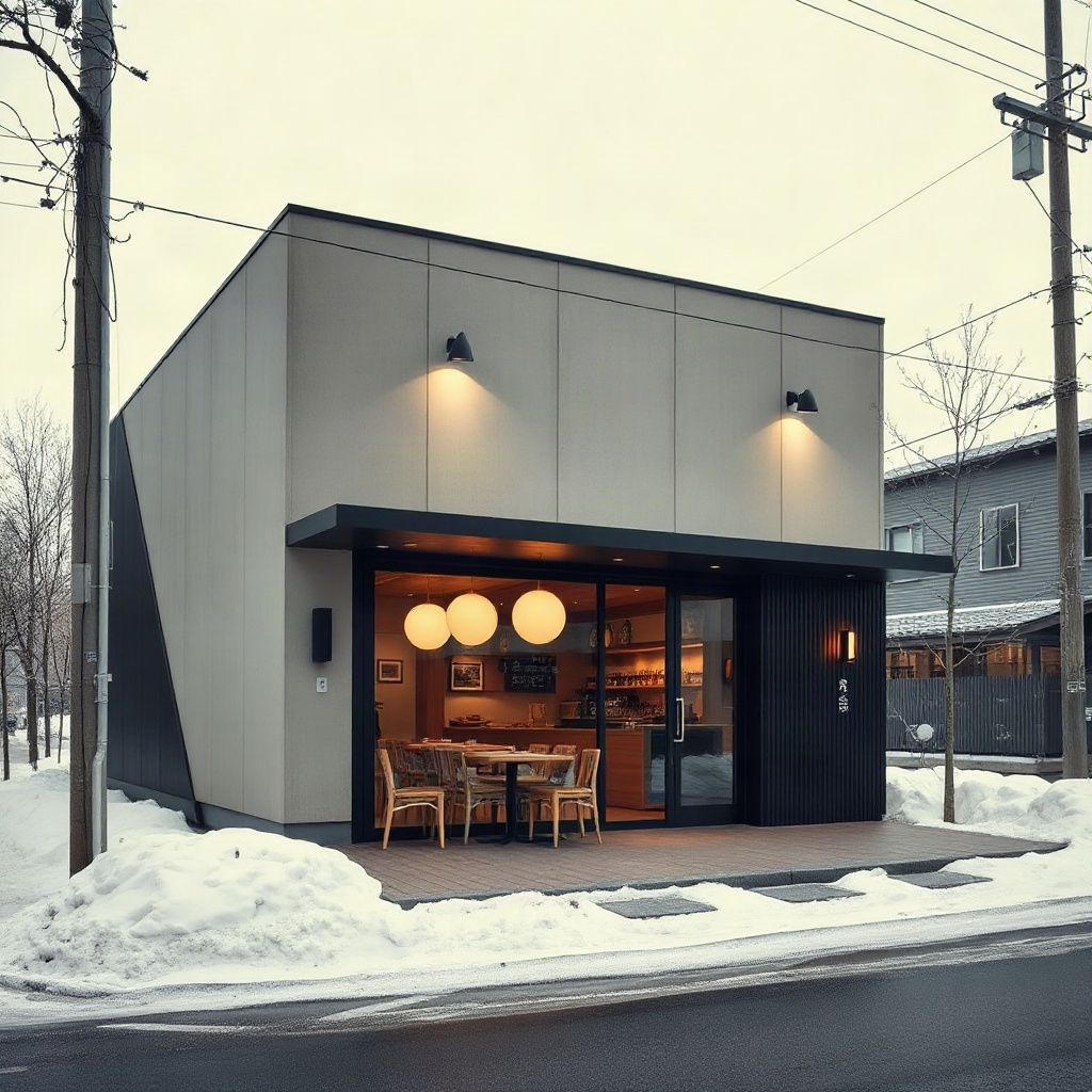 exterior of a modern minimalist restaurant in a snowy japanese city