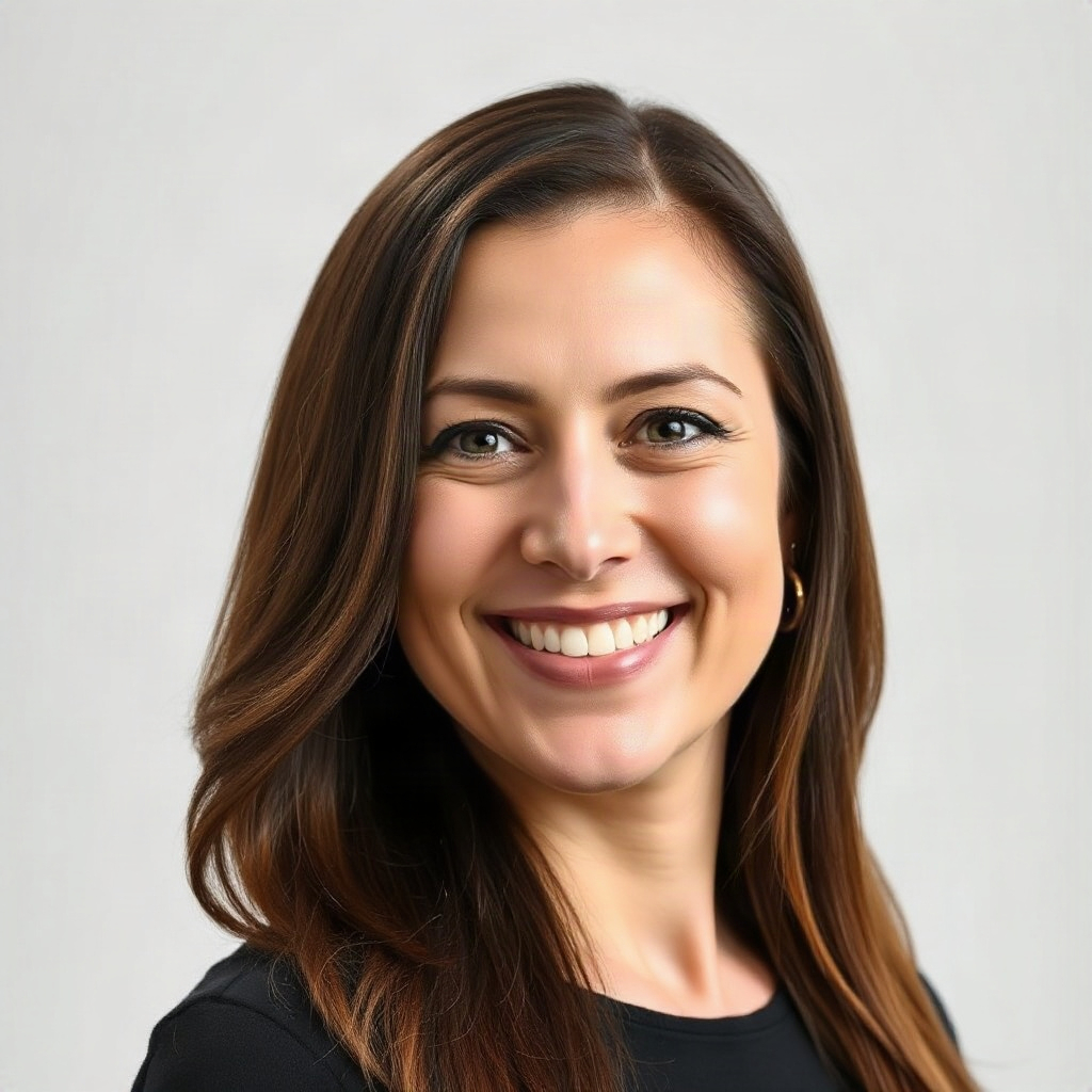 friendly smiling woman portrait, neutral background, professional headshot