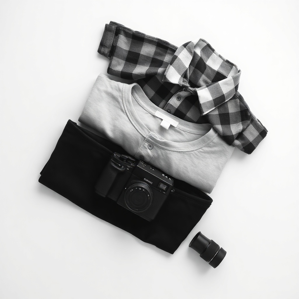 flat lay clothing black white minimalist instagram post, folded clothes overhead shot monochrome