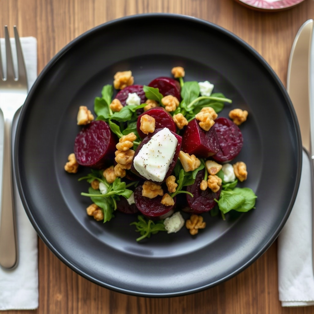 plated roasted beet salad with goat-cheese alternative and walnuts, fine dining styling on dark plat