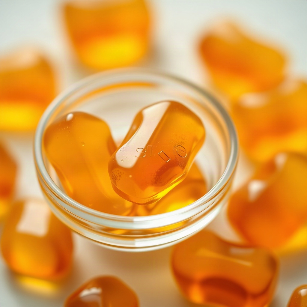 macro close-up of gold amber gummy vitamins in a small glass bowl, studio lighting, product photogra