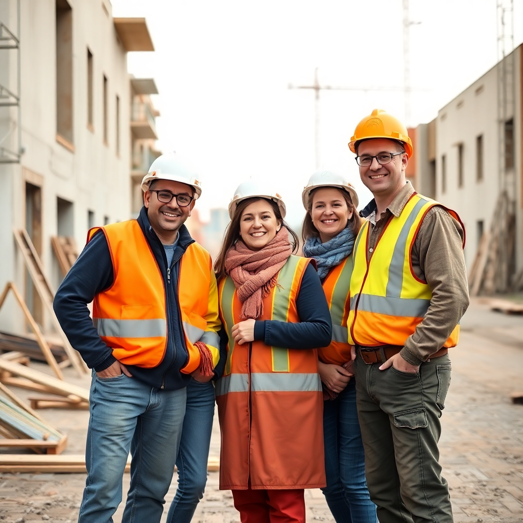 friendly construction family business team photo outside building site smiling workers Poland warm c