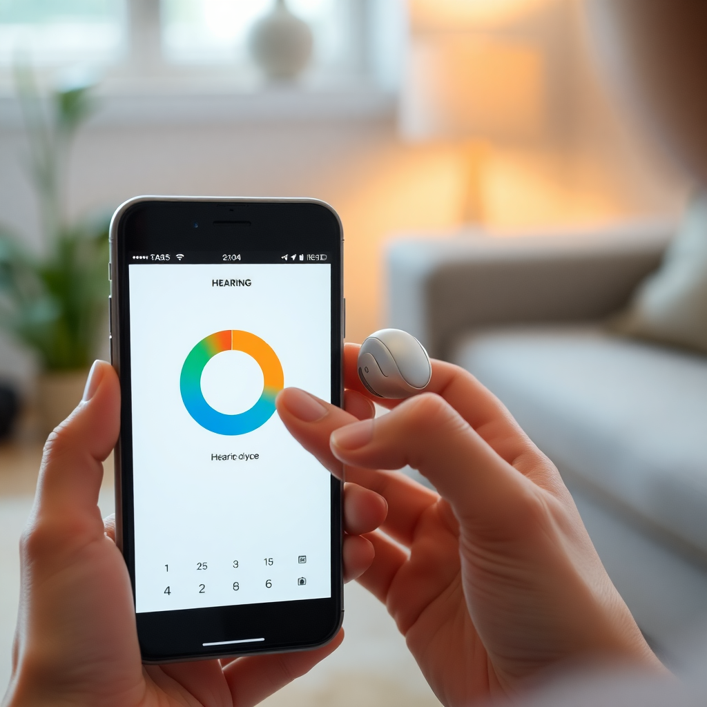 person using a smartphone app to calibrate a hearing device, clean UI screen, calm domestic setting