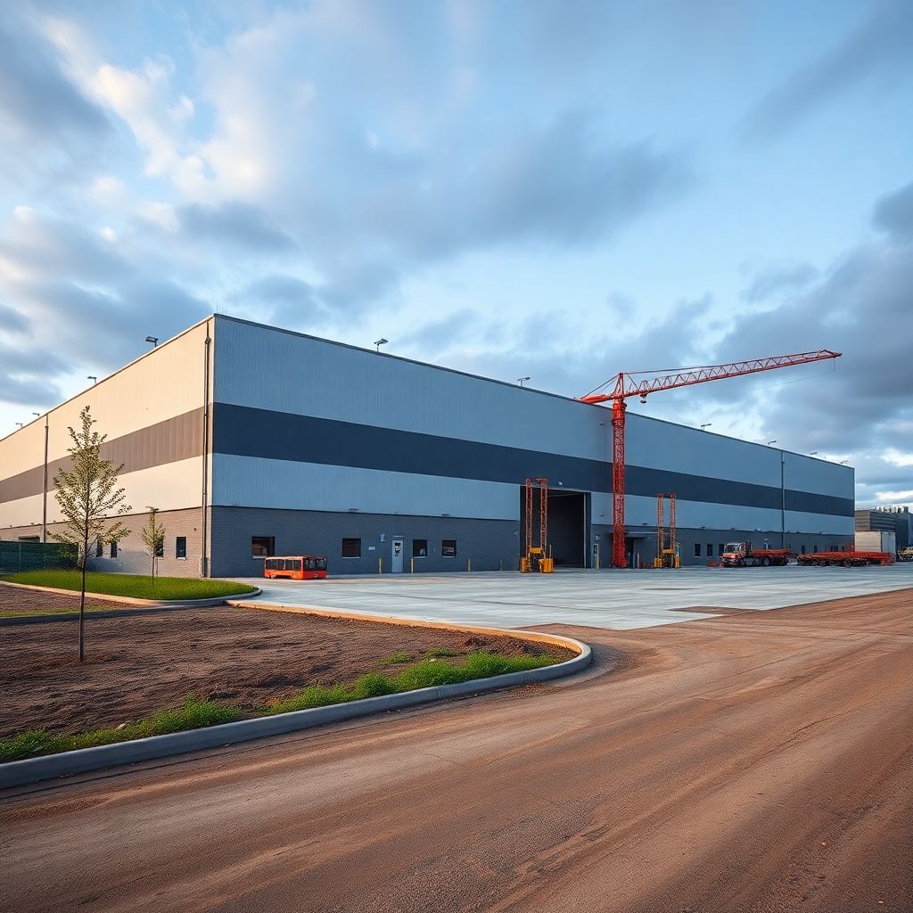 large industrial warehouse logistics center construction Poland exterior wide shot