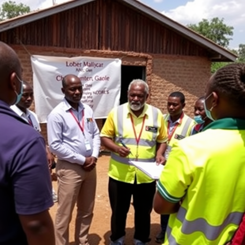 community members and officials attending an outdoor disaster preparedness training session with tra