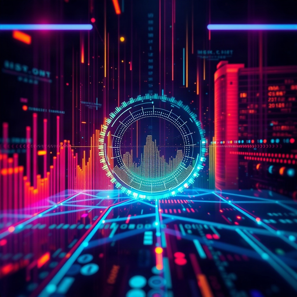 abstract colorful data visualization glowing in the dark, futuristic interface