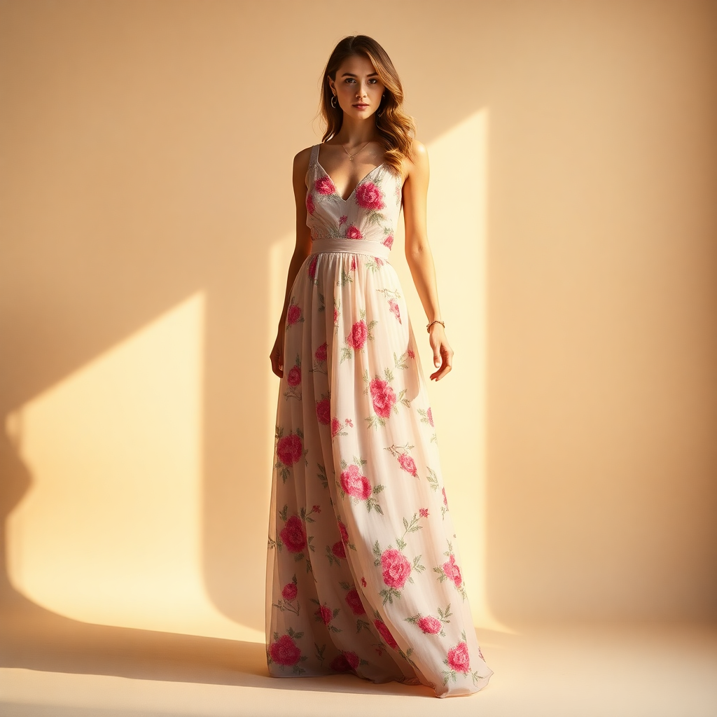 woman wearing floral embroidered maxi skirt elegant fashion warm natural light studio
