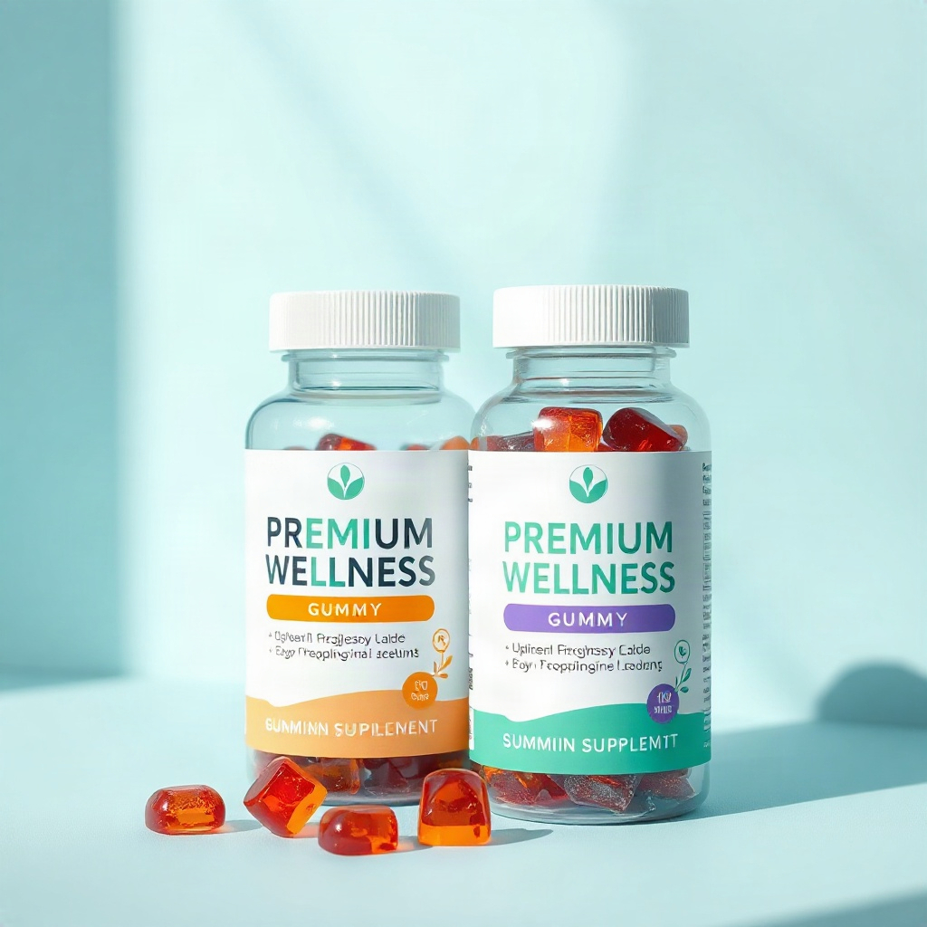 two bottles of premium wellness gummy supplement standing together on clean light background, produc