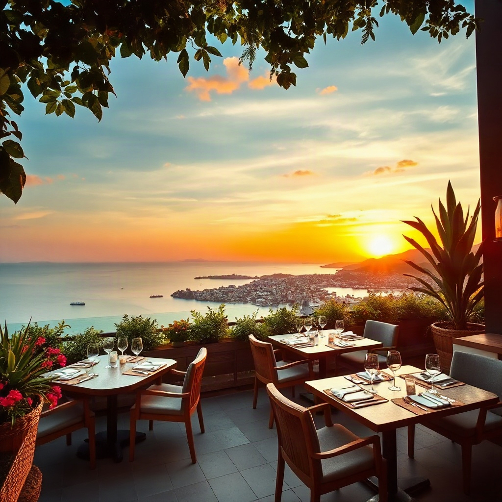 beautiful outdoor terrace of a high-end restaurant, sunset view, lush greenery