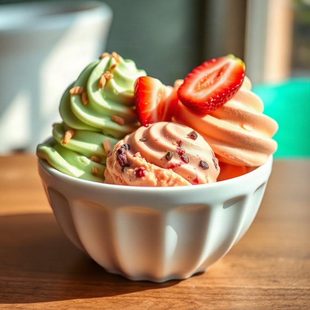 Scoops of pistachio, strawberry and mango ice cream in a modern ceramic bowl