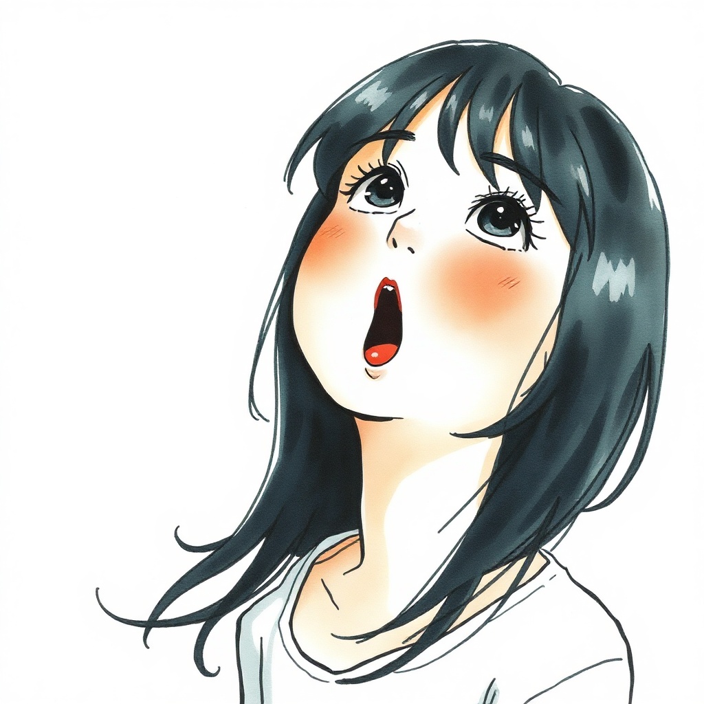 art illustration of a young girl with black hair looking up with mouth open, watercolor and ink styl