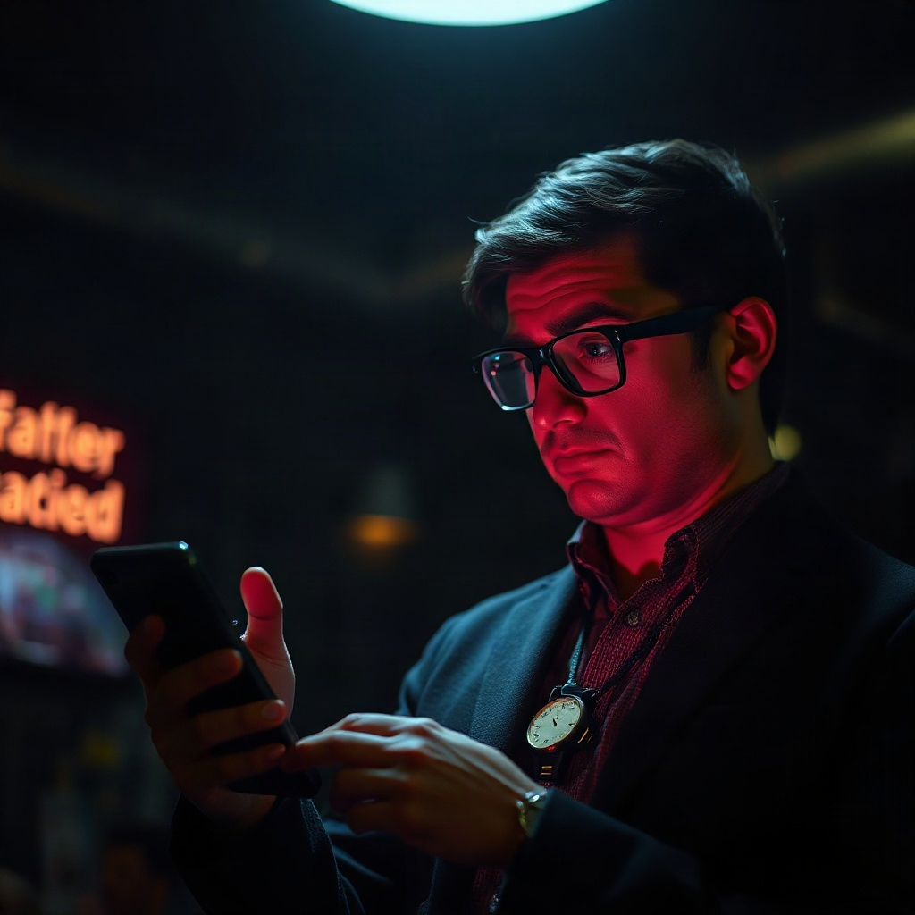 business owner frustrated staring at a slow loading website on phone, dramatic moody lighting, dark 