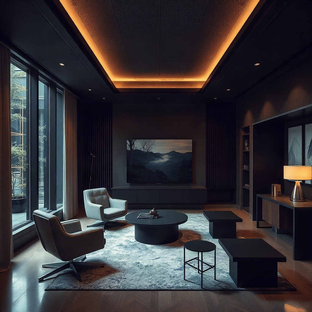 premium modern minimalist masculine study, luxury interior, professional atmosphere, cinematic light