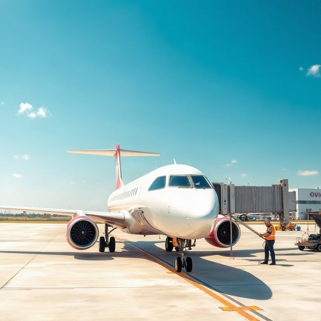 modern white aircraft on a bright airport tarmac, blue sky, ground crew preparing for departure