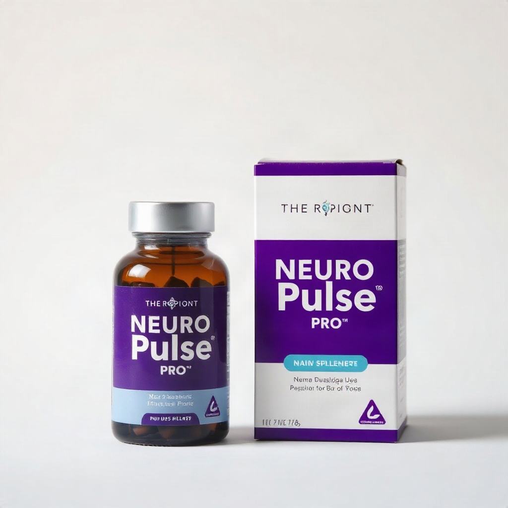 Neuro Pulse Pro supplement bottle standing next to its purple and white retail packaging box, studio