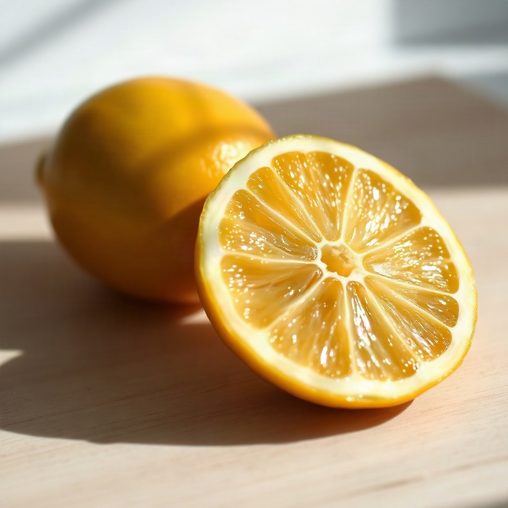 fresh organic lemon halves and whole fruit, bright citrus
photography, clean natural light