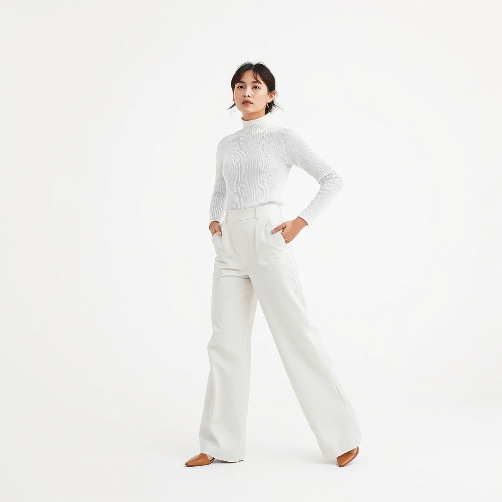 white minimalist wide-leg trousers women fashion product photography, clean studio white background,
