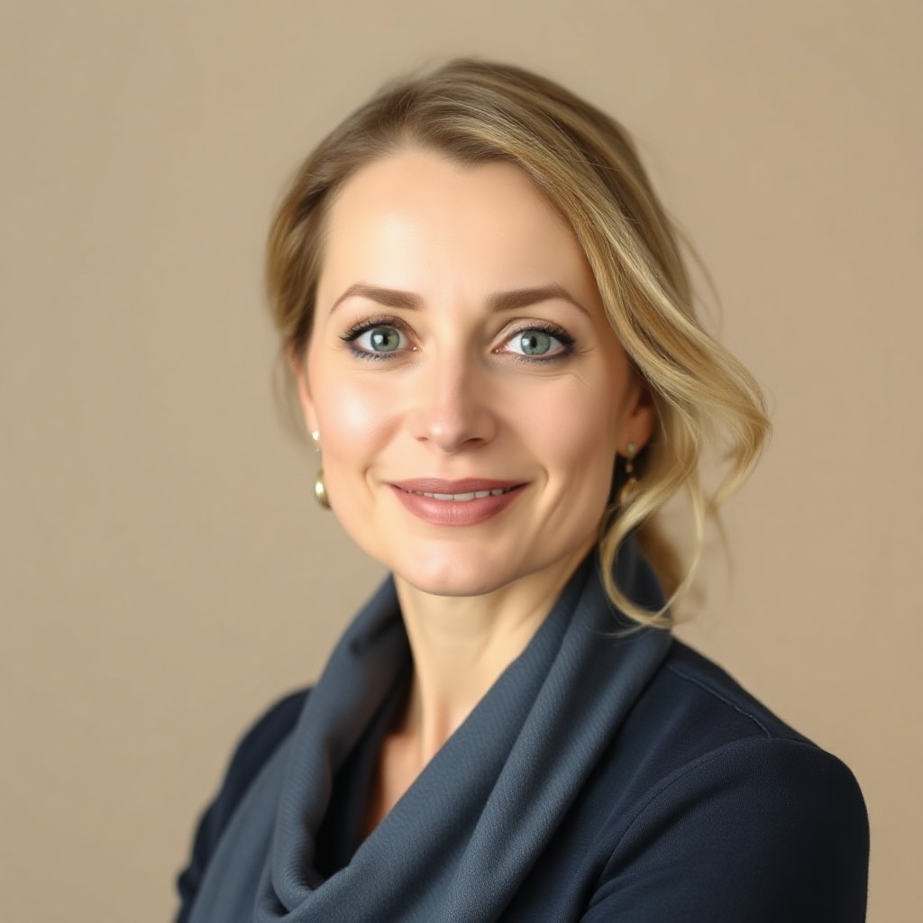 professional portrait of a compassionate female psychologist in her forties, soft studio lighting, n