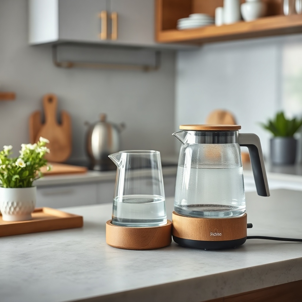 premium minimalist glass and wood electric kettle on a modern kitchen counter
