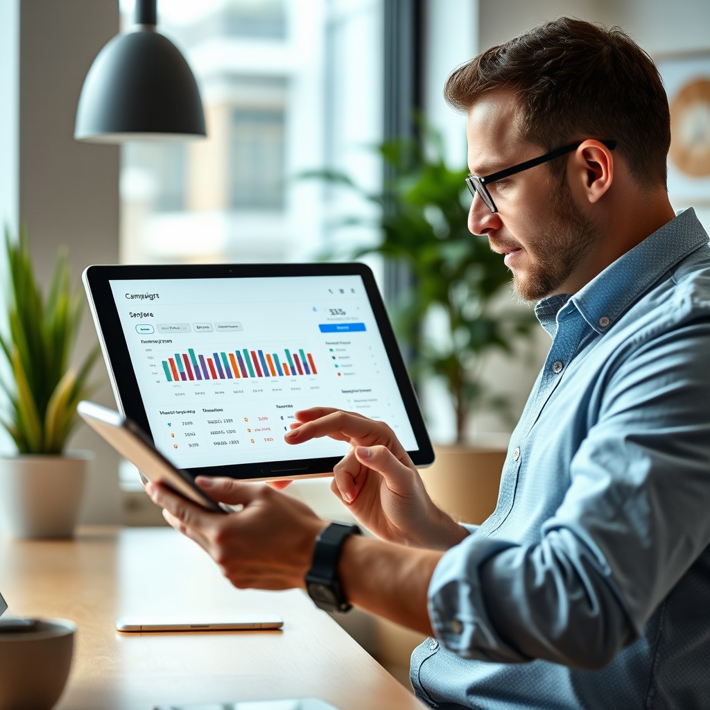 marketing strategist reviewing campaign dashboard on a tablet in a bright office, focused editorial 