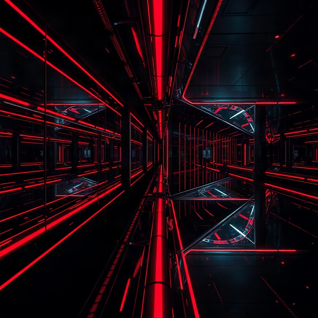 cinematic abstract tech patterns, deep red and black, architecture lines