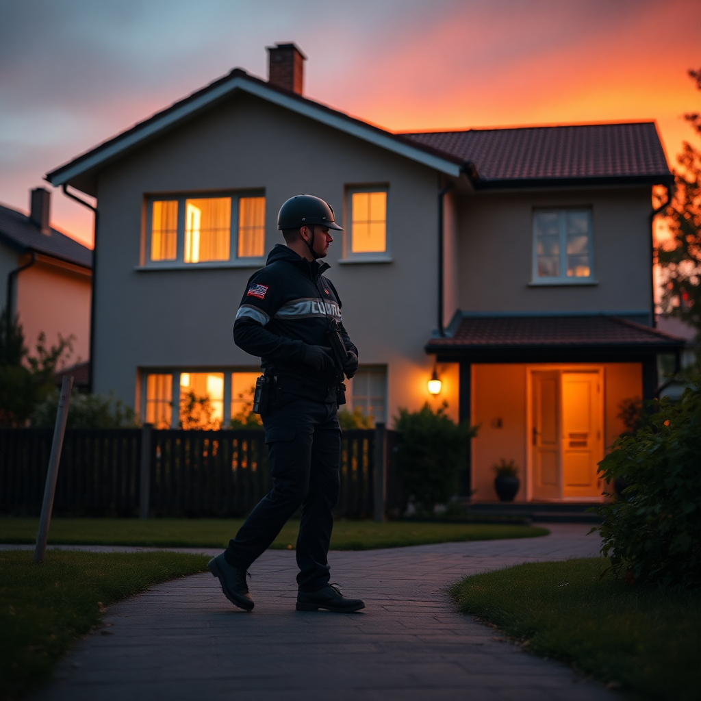 security officer patrolling residential house at dusk, Jablonec Czech Republic, professional photogr