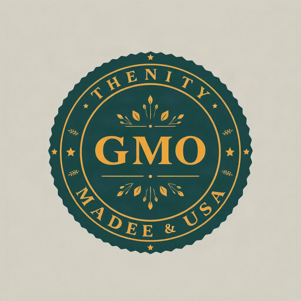 Elegant circular quality seal badge graphic, non-GMO and made-in-USA style emblem, dark forest-green