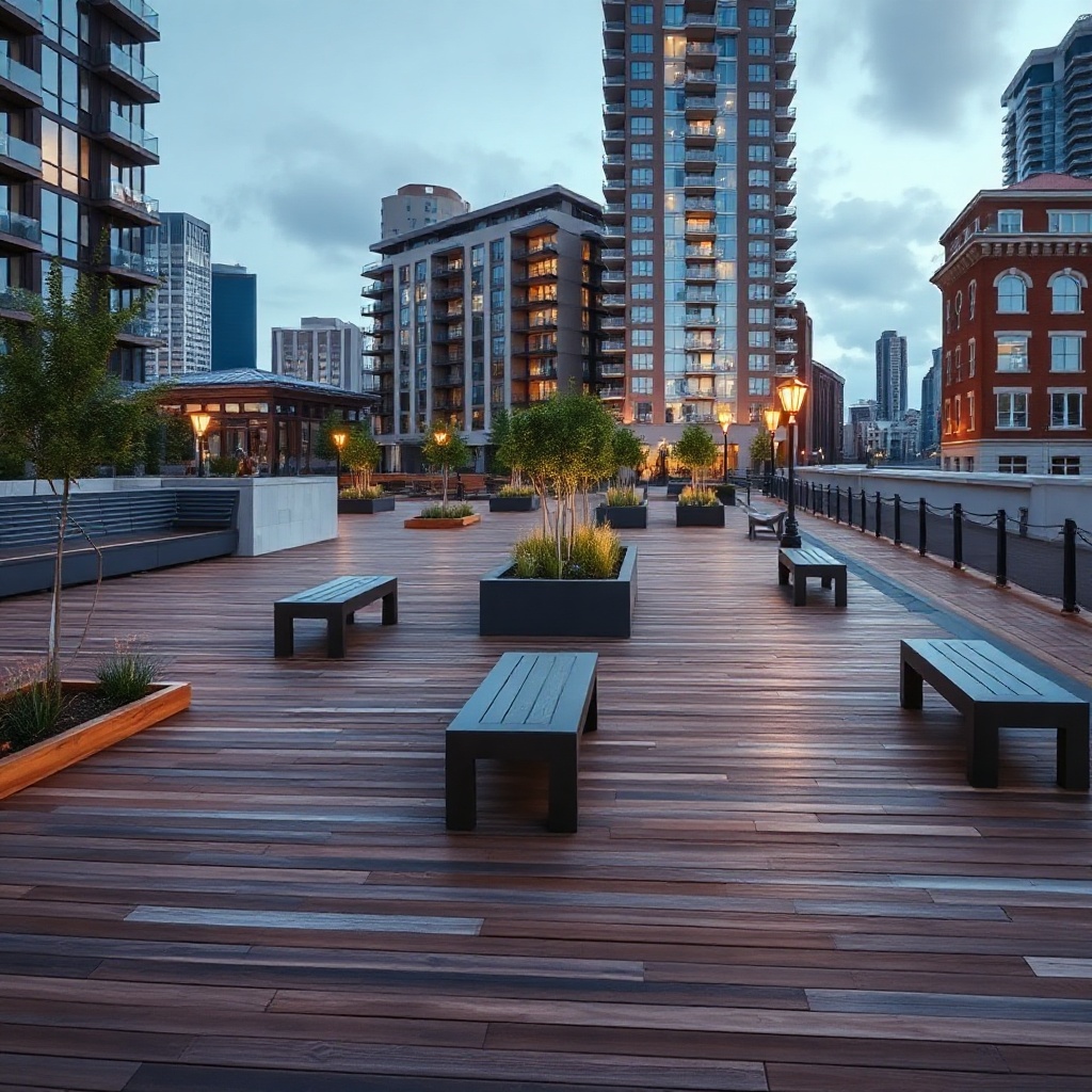 High-end architectural photo of a renovated urban waterfront promenade, extensive wood decking, mini