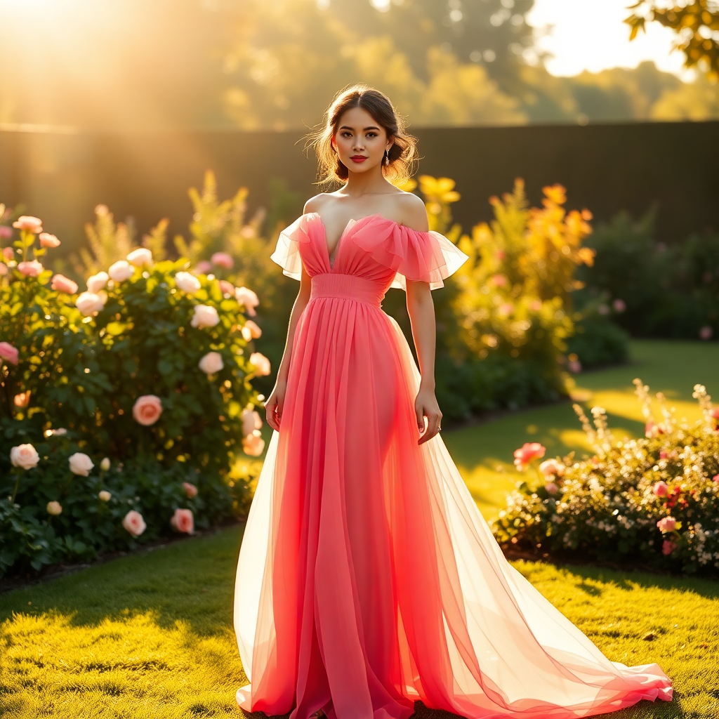 elegant woman in flowing rose dress standing in sunlit garden, luxury fashion editorial photography,