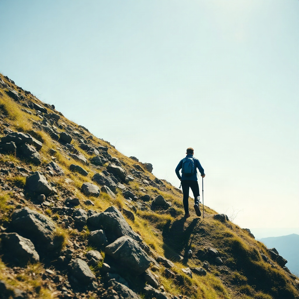 adventurer in blue jacket hiking up a steep hill, bright daylight