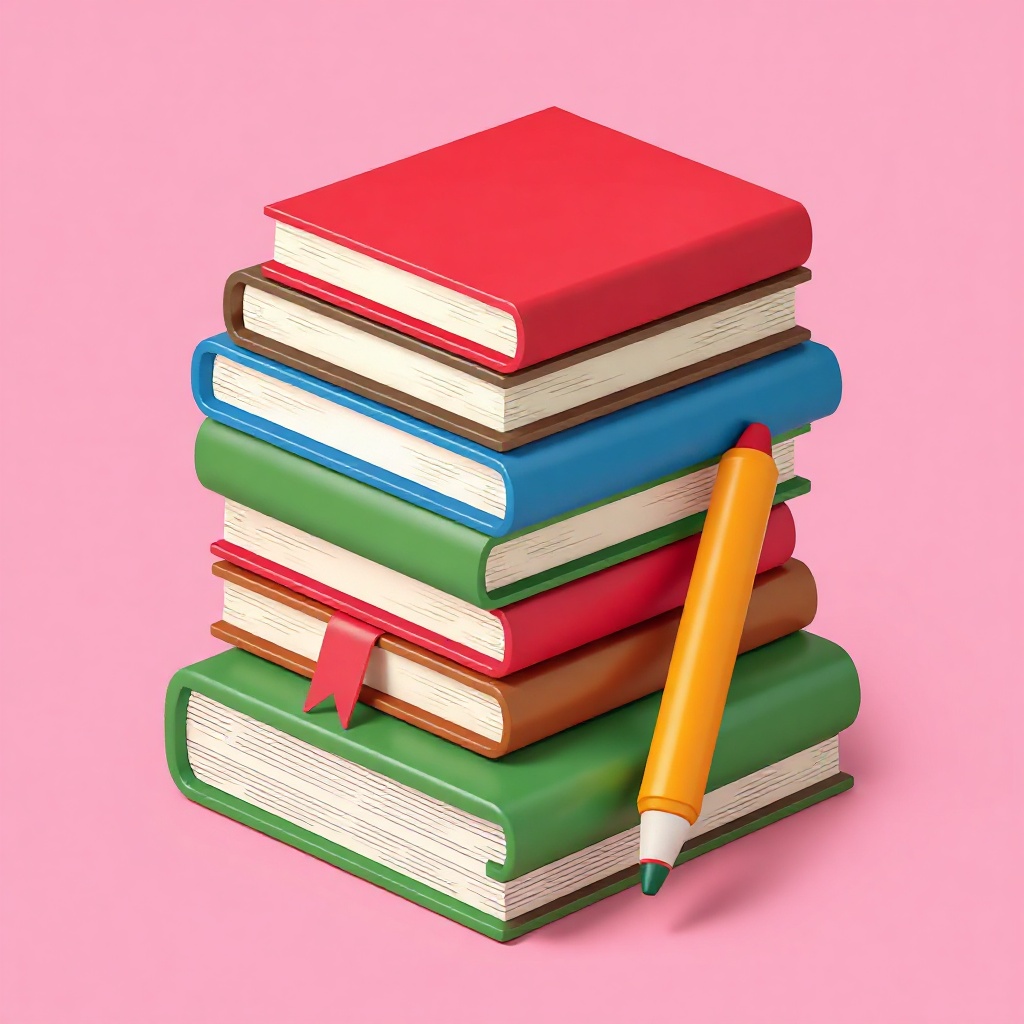 3D illustration of a stack of books and pencil, learning concept, bright pink background