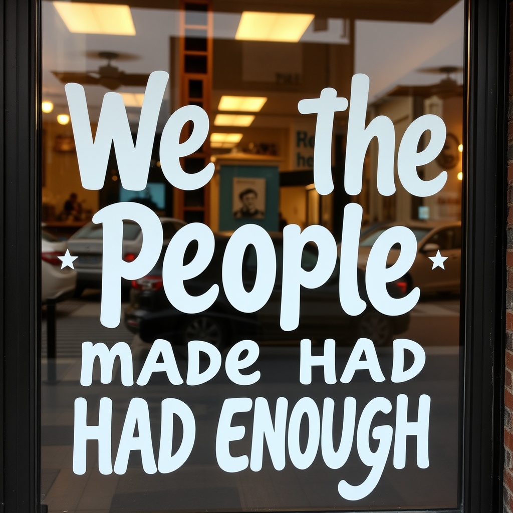 coffee shop window display art We The People made had enough american patriotic text, window signage